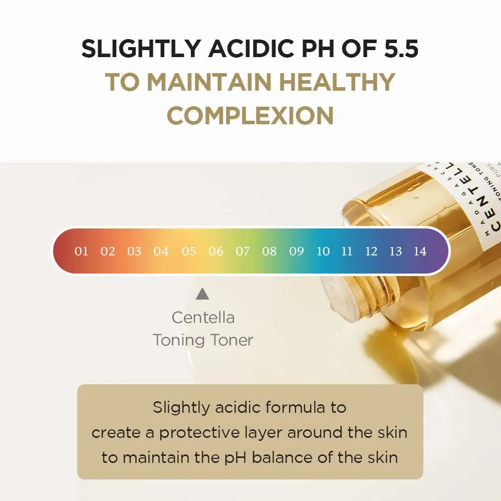 Skin 1004 Madagascar Centella Toning Toner 210 ml shown with pH scale highlighting its slightly acidic pH of 5.5 that helps maintain healthy skin complexion and balance.