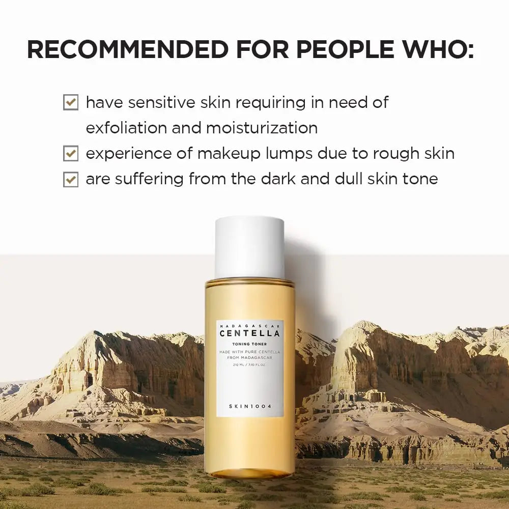 Skin 1004 Madagascar Centella Toning Toner 210 ml bottle displayed against a desert mountain backdrop with text recommending it for sensitive skin needing exfoliation, makeup lumps, and dull skin tone.