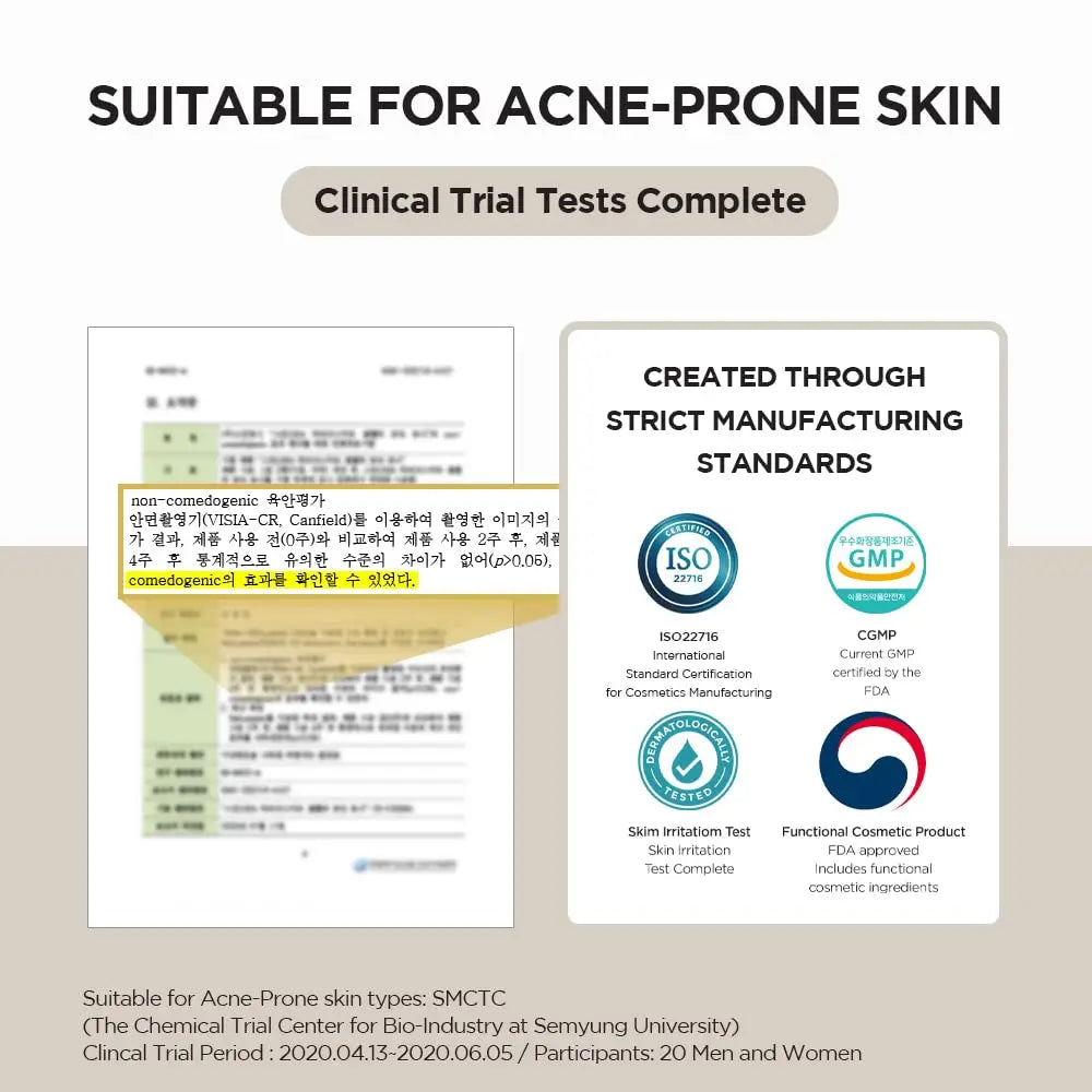 Certification and clinical trial information for Skin 1004 Madagascar Centella Toning Toner 210 ml, highlighting suitability for acne-prone skin with completed skin irritation and comedogenic tests.