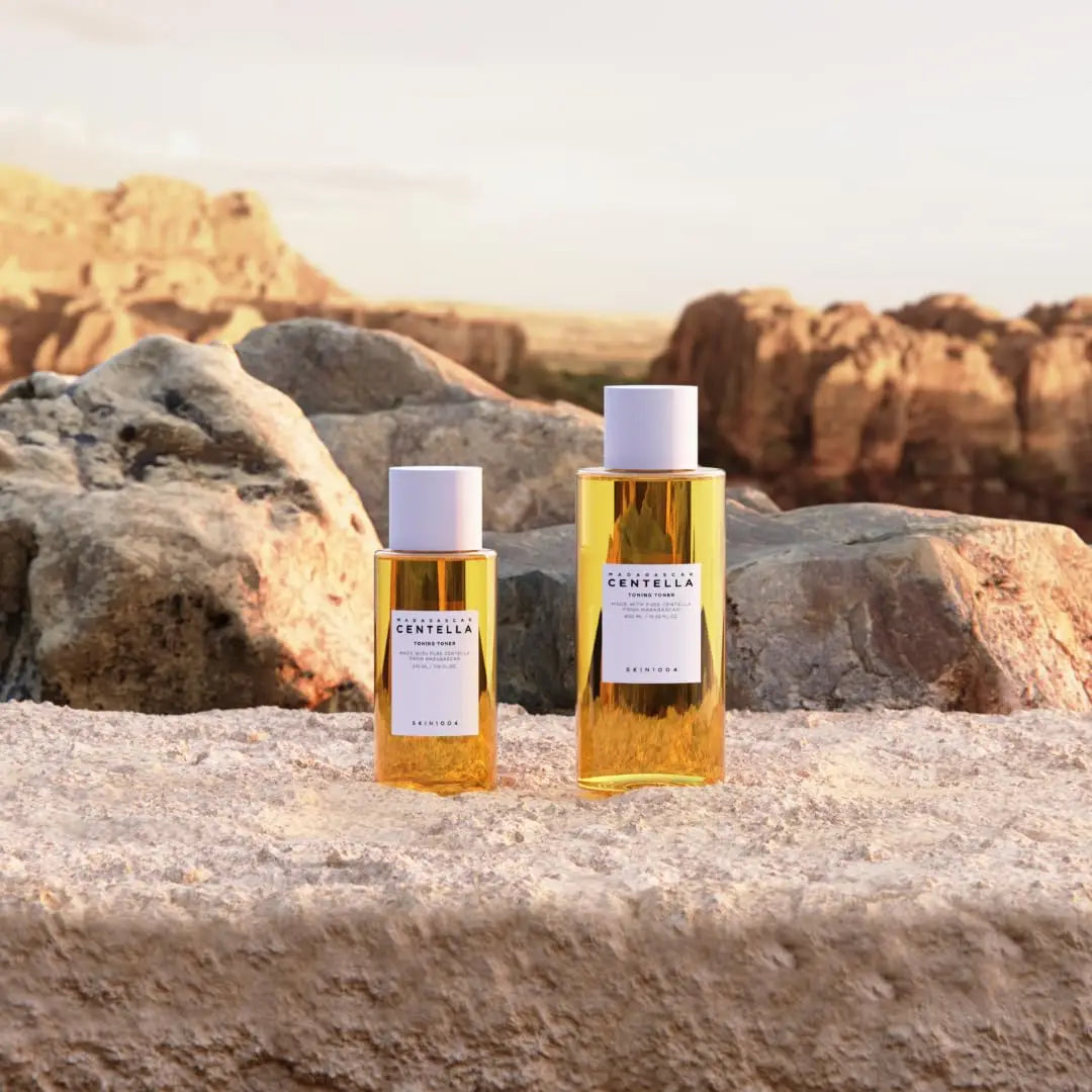 Two amber-colored bottles with white caps featuring Skin 1004 Madagascar Centella Toning Toner 210 ml labels placed on a rocky surface with a blurred natural landscape in the background.