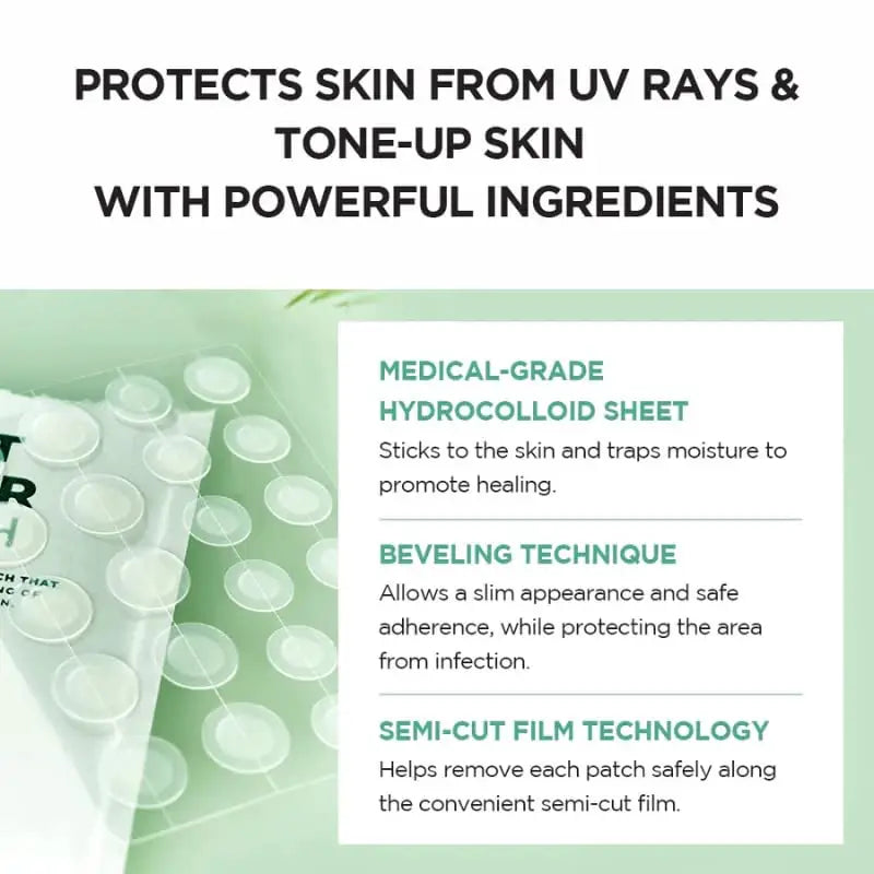 Close-up of transparent circular patches on a sheet with text describing the medical-grade hydrocolloid sheet, beveling technique, and semi-cut film technology of Skin 1004 Magadascar Centella Tea-Trica Spot Cover Patch that protects and tones up skin.