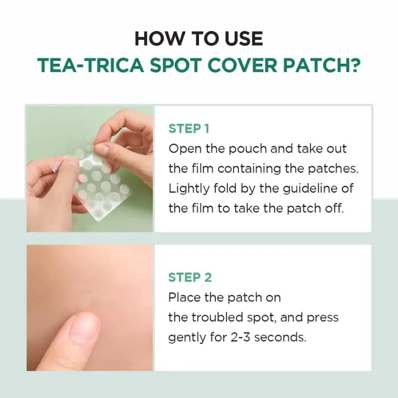 Instructions showing how to use Skin 1004 Magadascar Centella Tea-Trica Spot Cover Patch with step-by-step images of removing patch from film and placing it on skin.