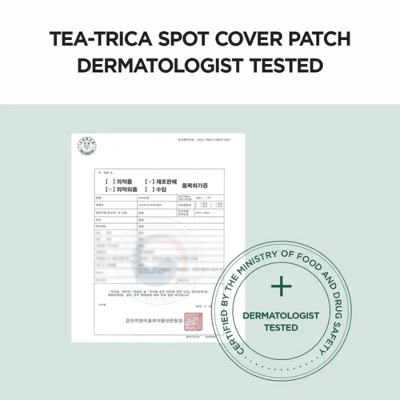 Certification document and dermatologist tested seal for Skin 1004 Magadascar Centella Tea-Trica Spot Cover Patch, emphasizing product safety and approval.