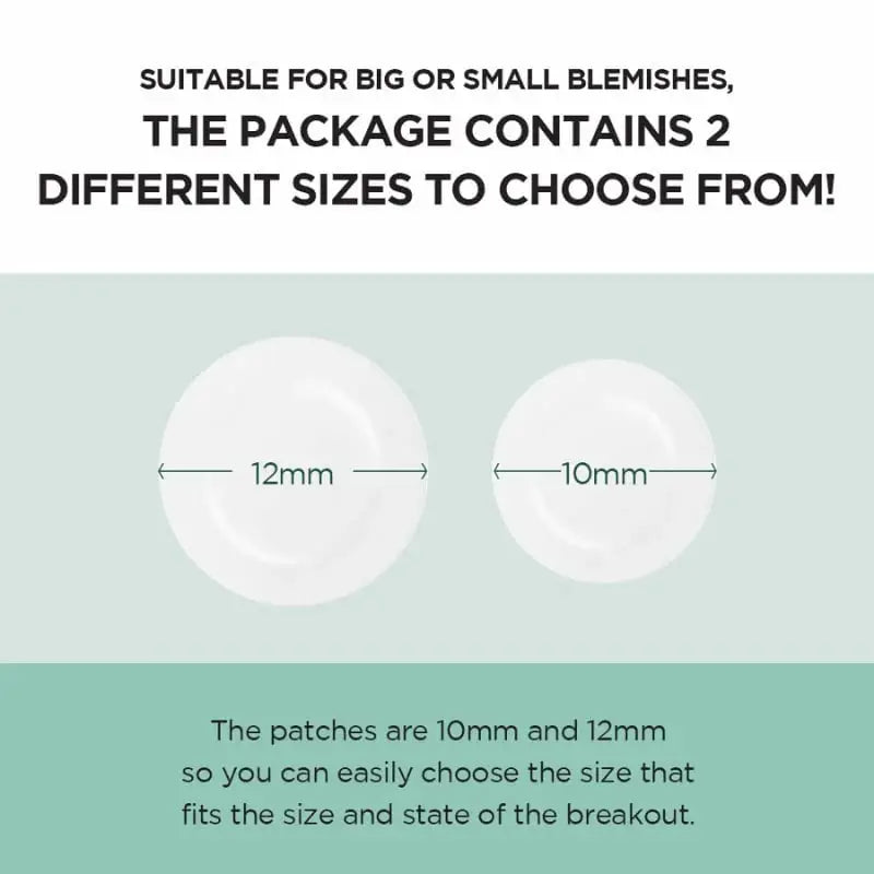 Skin 1004 Magadascar Centella Tea-Trica Spot Cover Patch shown in two sizes, 10mm and 12mm, suitable for covering both small and large blemishes.