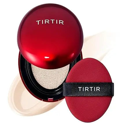 TIRTIR Mask Fit Red Cushion Foundation with a sleek red compact and matching applicator puff, designed for smooth and flawless facial coverage.