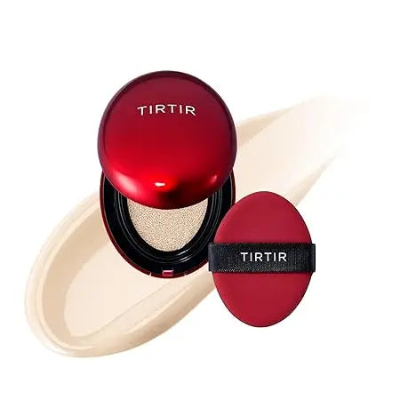 TIRTIR Mask Fit Red Cushion Foundation featuring a red compact with cushion applicator, displayed on a creamy beige foundation swatch for smooth coverage.