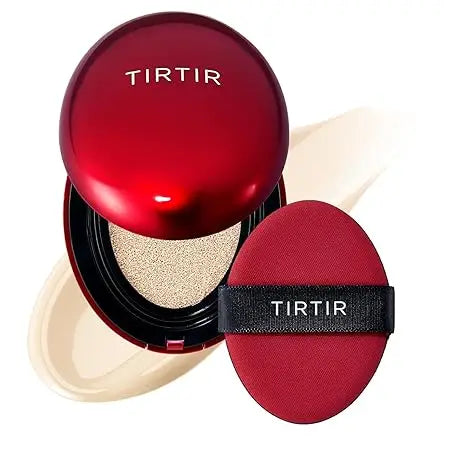 TIRTIR Mask Fit Red Cushion Foundation in a sleek red compact with matching applicator, designed to deliver smooth, natural facial coverage for an even skin tone.