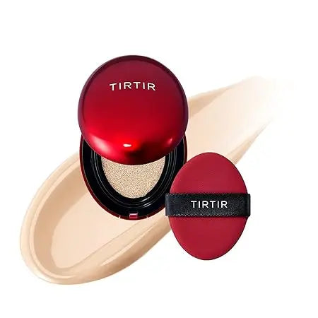 TIRTIR Mask Fit Red Cushion Foundation with a red compact case and applicator puff shown on a beige foundation smear for smooth, flawless coverage.