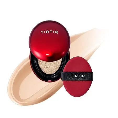 TIRTIR Mask Fit Red Cushion Foundation with red compact and applicator sponge on a smooth light beige foundation swatch background