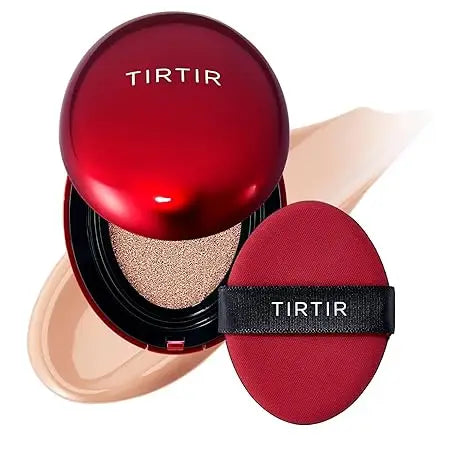 TIRTIR Mask Fit Red Cushion Foundation with a sleek red compact and applicator pad, displayed with a smooth foundation swatch for an even, flawless finish.