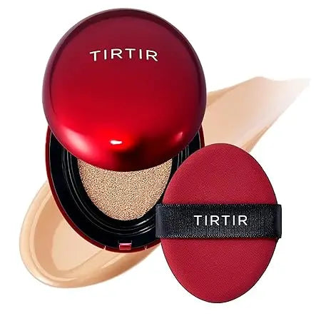 Open compact of TIRTIR Mask Fit Red Cushion Foundation with sponge applicator and beige foundation swatch behind, showcasing smooth texture and elegant red packaging.
