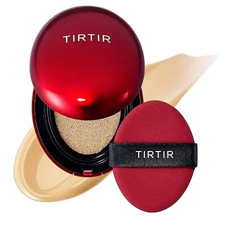 Open TIRTIR Mask Fit Red Cushion Foundation compact with beige foundation swatch and red applicator sponge with black strap against white background