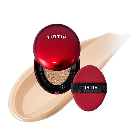 Compact red cushion foundation set with applicator sponge and creamy beige foundation texture, featuring TIRTIR Mask Fit Red Cushion Foundation for smooth facial coverage.