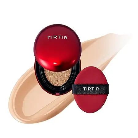 TIRTIR Mask Fit Red Cushion Foundation with red compact and applicator, displayed on smooth beige foundation swatch for flawless skin coverage.