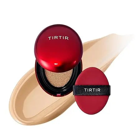 Open red compact with cushion foundation and matching applicator sponge, showcasing smooth beige foundation swatch, featuring TIRTIR Mask Fit Red Cushion Foundation branding.