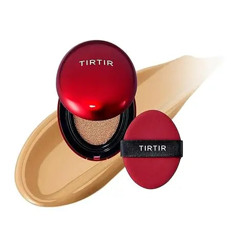 TIRTIR Mask Fit Red Cushion Foundation compact with cushion applicator and beige foundation smear on white background for smooth, flawless skin coverage.