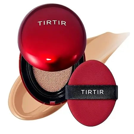 Open compact of TIRTIR Mask Fit Red Cushion Foundation with matching red applicator and creamy foundation swatch in the background for smooth facial coverage.