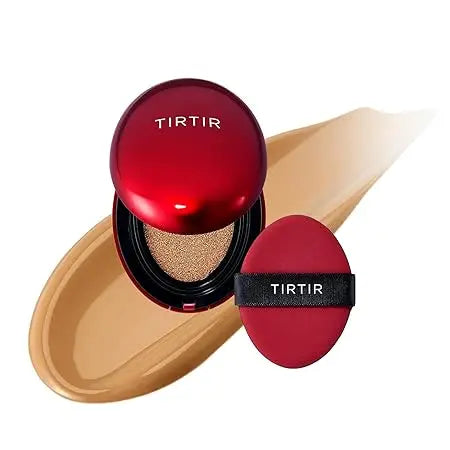 TIRTIR Mask Fit Red Cushion Foundation in a sleek red compact with matching applicator puff, shown with a smooth beige foundation swatch for flawless skin coverage.