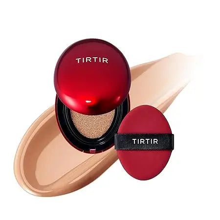 Compact open with red case and cushion applicator alongside foundation swatch, showcasing the TIRTIR Mask Fit Red Cushion Foundation for smooth, even skin coverage.