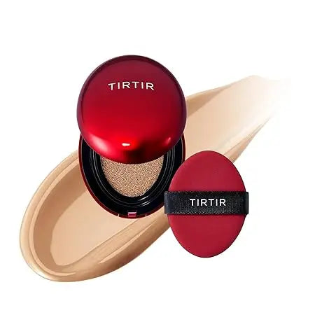 TIRTIR Mask Fit Red Cushion Foundation compact with cushion applicator and beige foundation swatch on white background.