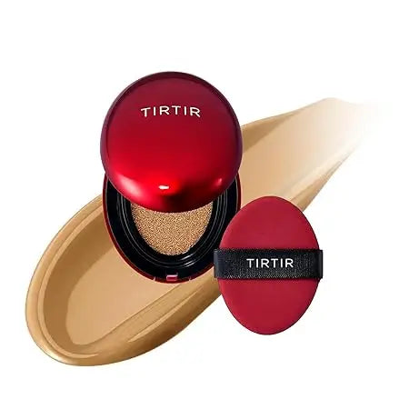 Open TIRTIR Mask Fit Red Cushion Foundation compact with beige foundation swatch and red applicator puff on white background