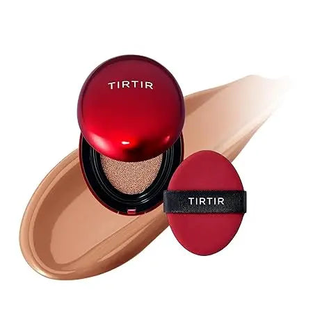 Open red compact with cushion foundation and matching applicator, displaying smooth beige foundation swatch, showcasing TIRTIR Mask Fit Red Cushion Foundation for flawless skin coverage.