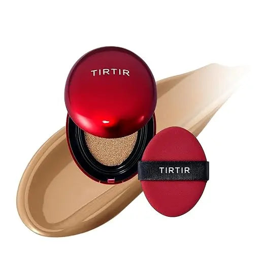 TIRTIR Mask Fit Red Cushion Foundation compact with a cushion applicator and beige foundation swatch highlighting smooth, natural coverage and skin-enhancing finish.