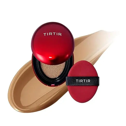 Open TIRTIR Mask Fit Red Cushion Foundation with beige foundation swatch behind and matching red applicator puff showing brand name in black band