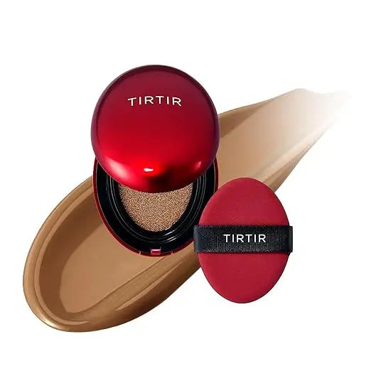 TIRTIR Mask Fit Red Cushion Foundation with red compact and applicator sponge displayed over a smooth beige foundation swatch for flawless coverage.