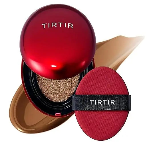 TIRTIR Mask Fit Red Cushion Foundation with sleek red compact and matching red applicator sponge, shown with a smooth beige foundation swatch for a flawless facial finish.