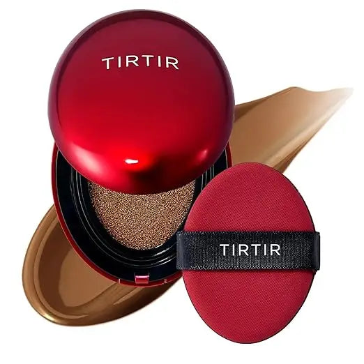 TIRTIR Mask Fit Red Cushion Foundation with a sleek red compact and applicator, showcasing a smooth beige foundation swatch for flawless facial coverage and skin styles.