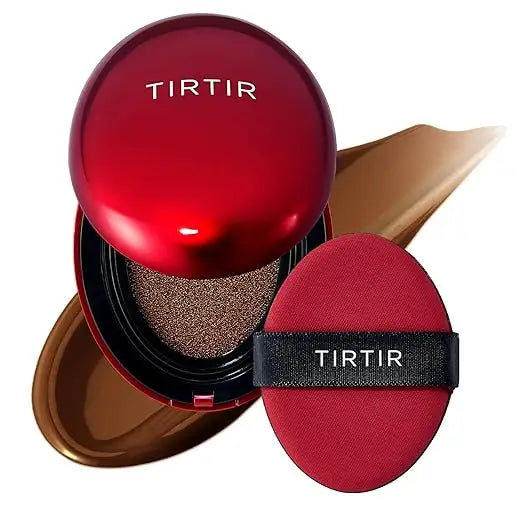 TIRTIR Mask Fit Red Cushion Foundation compact with red lid and matching applicator sponge on swatch of beige foundation shade shown on white background