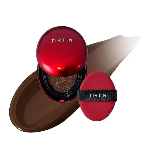 TIRTIR Mask Fit Red Cushion Foundation with a deep red compact, matching applicator puff, and smooth foundation swatch on white background.