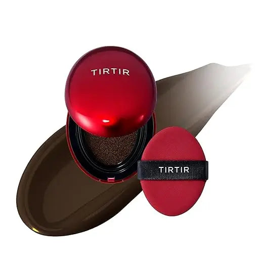 Open red compact of TIRTIR Mask Fit Red Cushion Foundation with cushion applicator and foundation swatch on white background