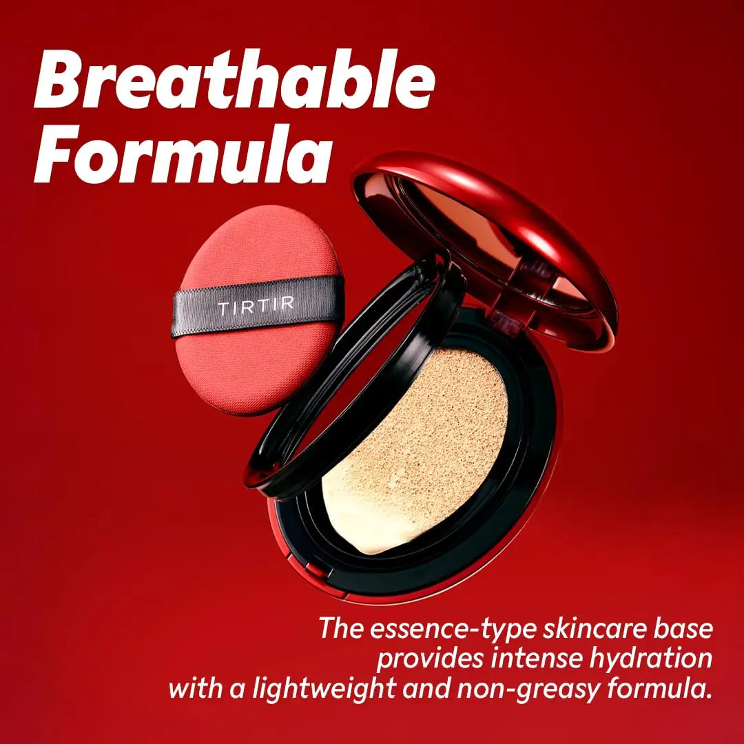 TIRTIR Mask Fit Red Cushion Foundation compact with applicator puff on a red background, highlighting its breathable, lightweight, and non-greasy formula for intense hydration.