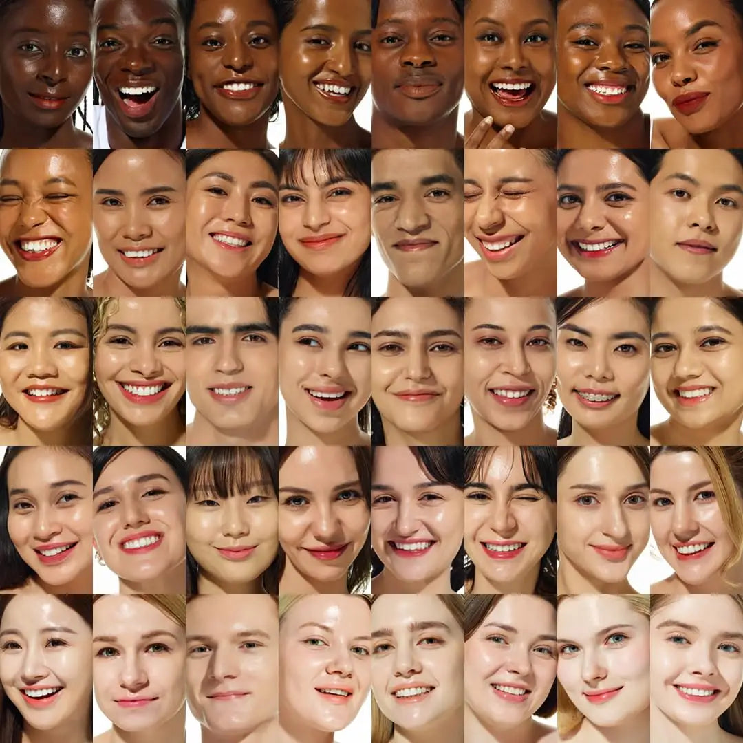 A diverse group of smiling individuals with various skin tones showcasing smooth, radiant complexions after using TIRTIR Mask Fit Red Cushion Foundation, highlighting natural beauty and flawless coverage.