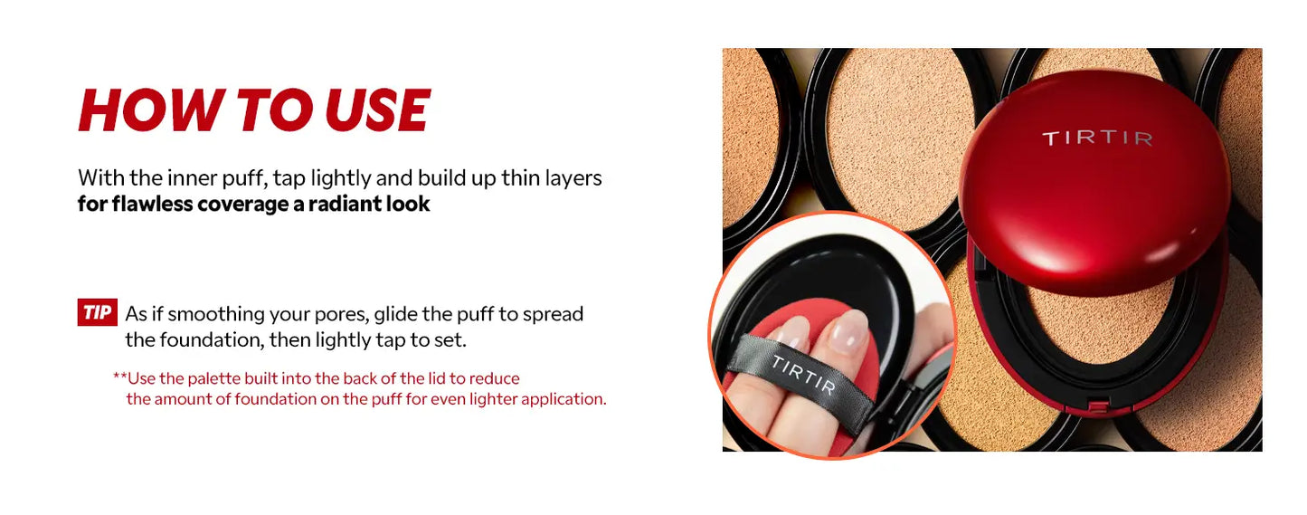 Instructional image showing the application method for TIRTIR Mask Fit Red Cushion Foundation with a red compact, an inner puff, and multiple foundation shades for a flawless and radiant finish.