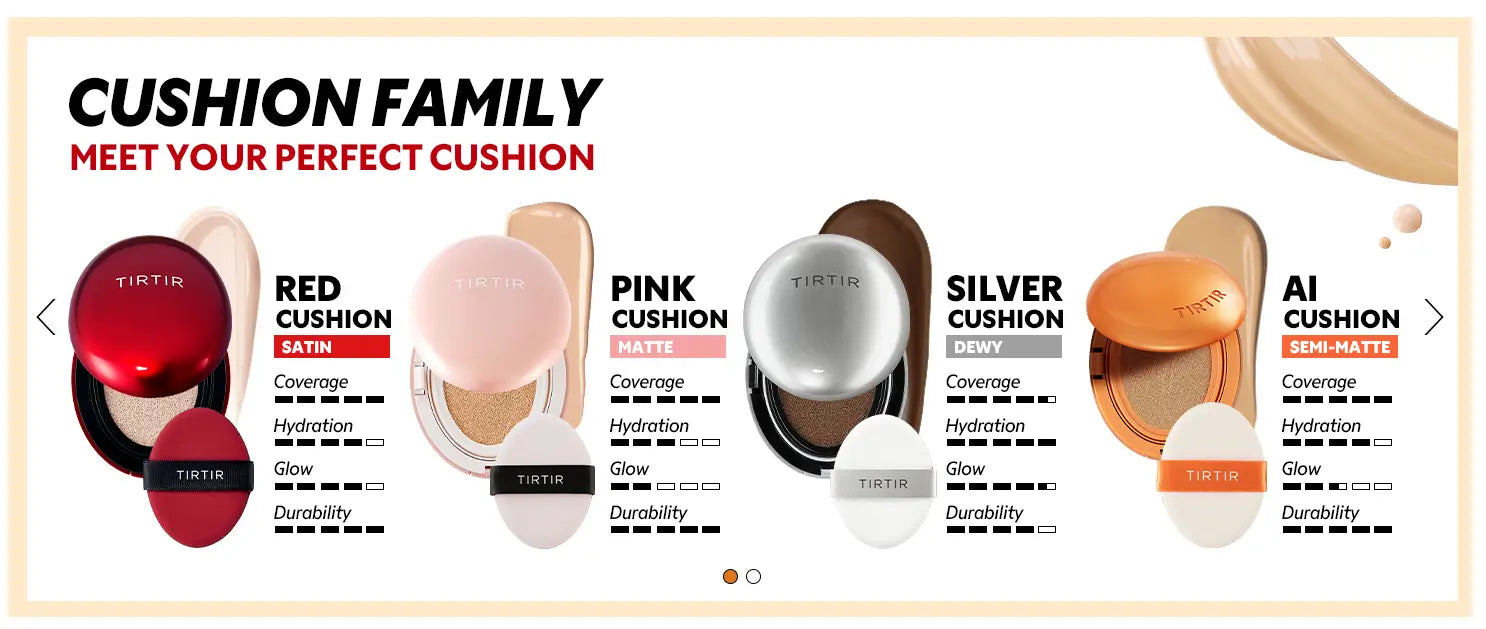 TIRTIR Mask Fit Red Cushion Foundation with satin finish, providing coverage, hydration, glow, and durability in a compact cushion form for flawless skin.