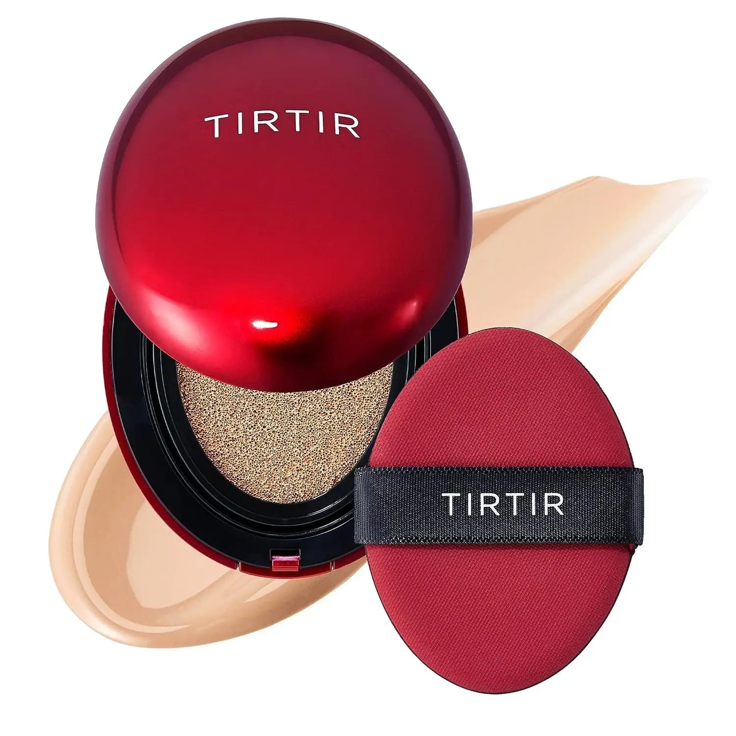 TIRTIR Mask Fit Red Cushion Foundation with red compact case and applicator pad, shown with foundation swatch for smooth, even facial coverage.