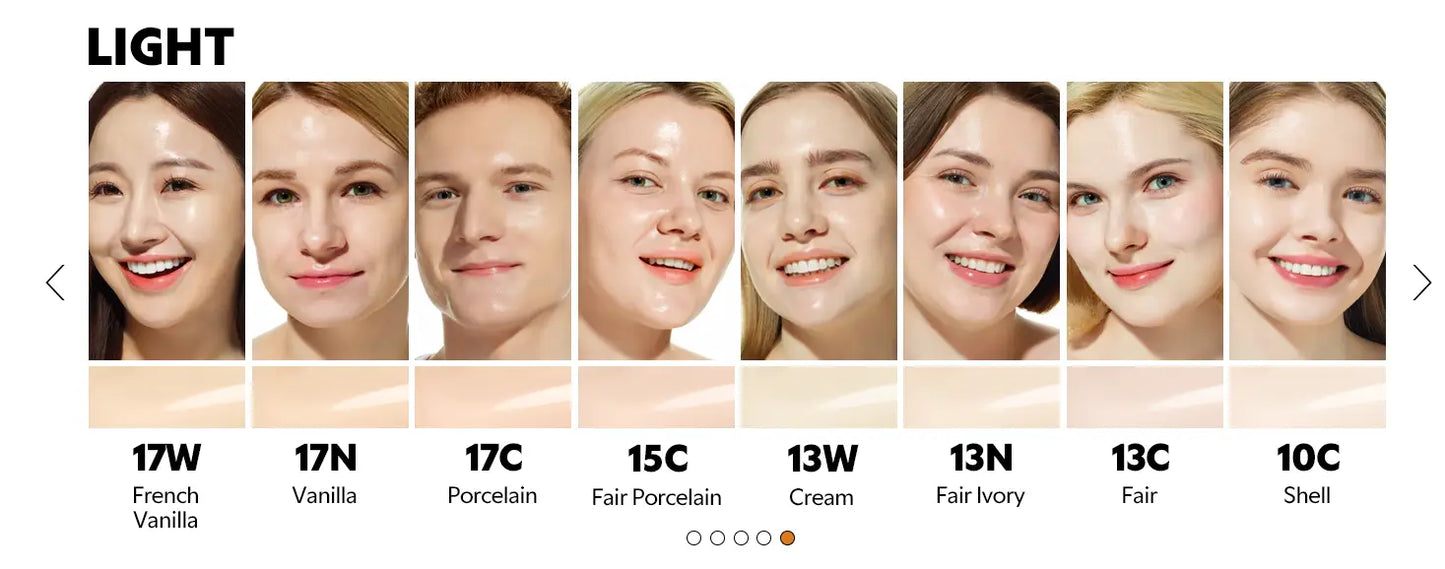 TIRTIR Mask Fit Red Cushion Foundation shade guide featuring diverse fair to light skin tones including French Vanilla, Vanilla, Porcelain, Fair Porcelain, Cream, Fair Ivory, Fair, and Shell.