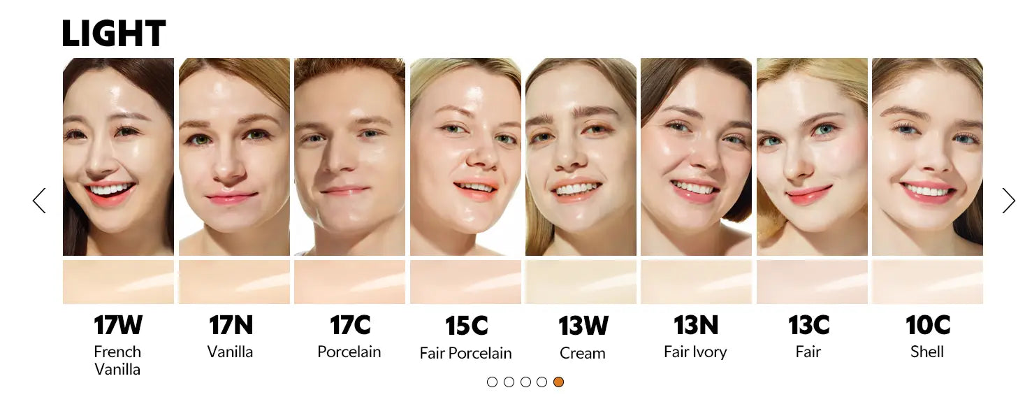 TIRTIR Mask Fit Red Cushion Foundation shade guide featuring diverse fair to light skin tones including French Vanilla, Vanilla, Porcelain, Fair Porcelain, Cream, Fair Ivory, Fair, and Shell.