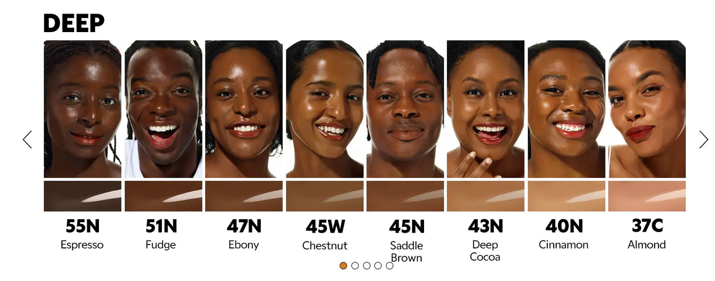 TIRTIR Mask Fit Red Cushion Foundation deep shade range swatches showcasing diverse skin tones from Espresso to Almond with smooth, natural coverage for all skin styles.