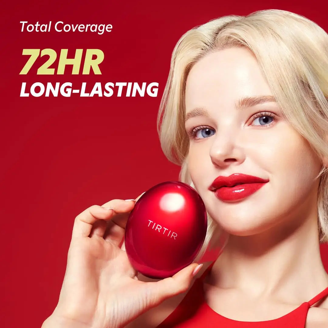 Young woman with flawless skin holding the red compact of TIRTIR Mask Fit Red Cushion Foundation against a red background with text highlighting 72-hour long-lasting total coverage.