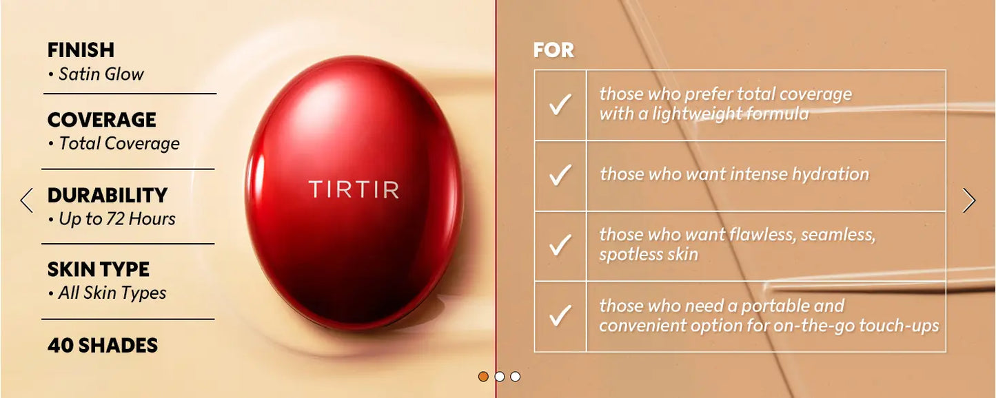 TIRTIR Mask Fit Red Cushion Foundation with satin glow finish, total coverage, up to 72 hours durability, suitable for all skin types, ideal for lightweight formula lovers seeking hydration and flawless skin.