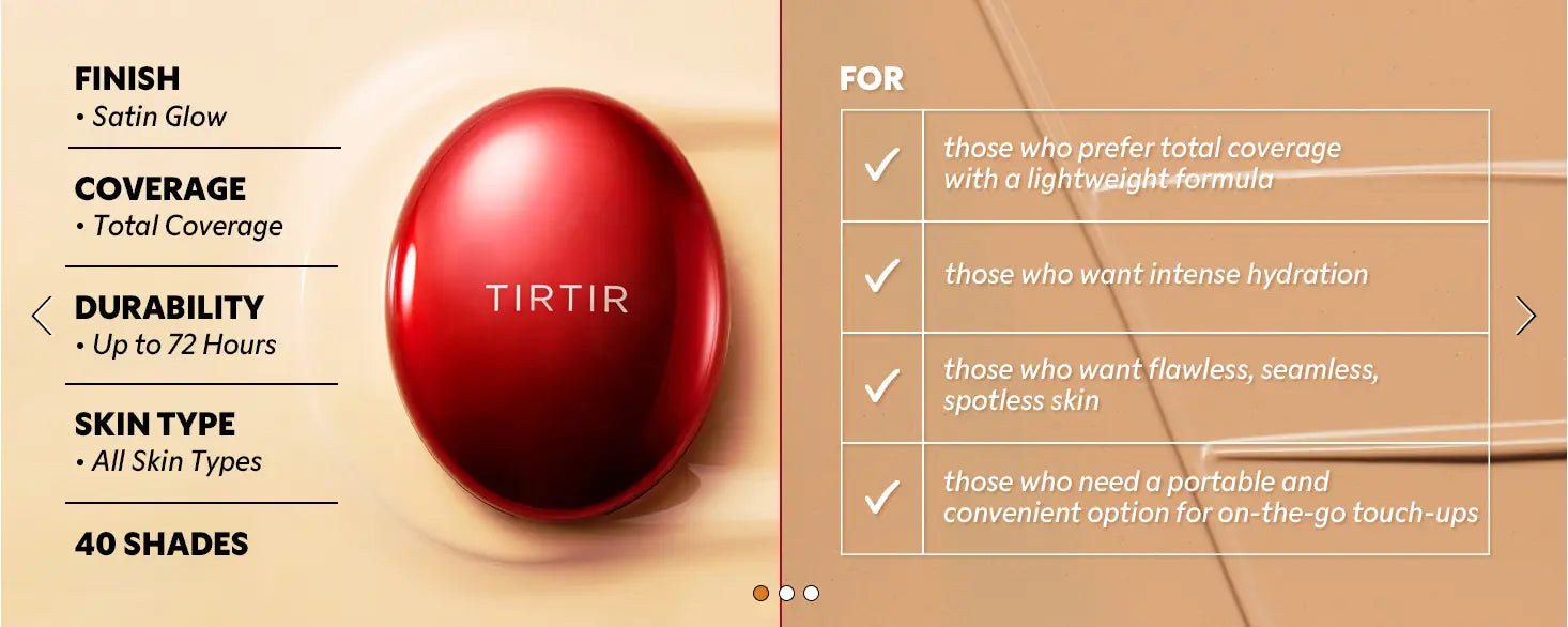 TIRTIR Mask Fit Red Cushion Foundation with satin glow finish, total coverage, up to 72 hours durability, suitable for all skin types, ideal for lightweight formula lovers seeking hydration and flawless skin.