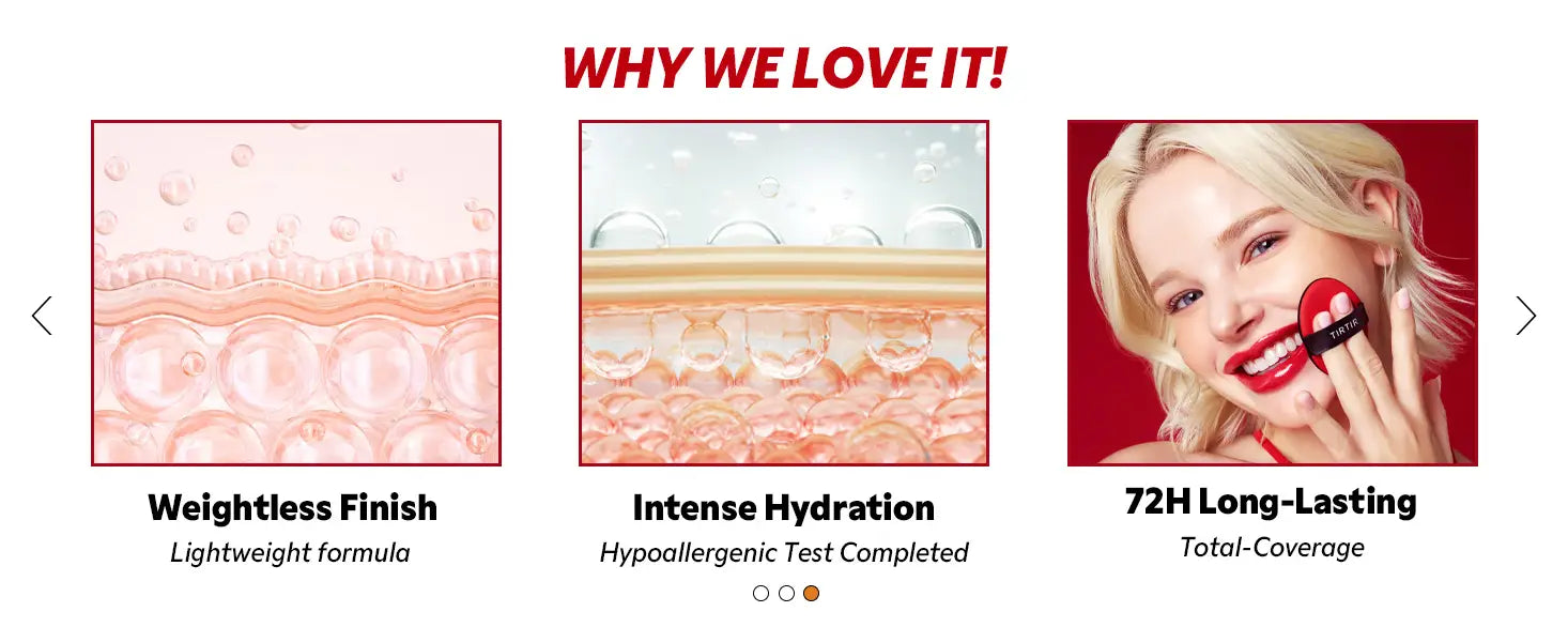 Three-panel image showing the benefits of TIRTIR Mask Fit Red Cushion Foundation: lightweight finish with smooth skin texture, intense hydration supported by hypoallergenic testing, and a smiling woman applying the foundation with a cushion puff highlighting 72-hour long-lasting total coverage.