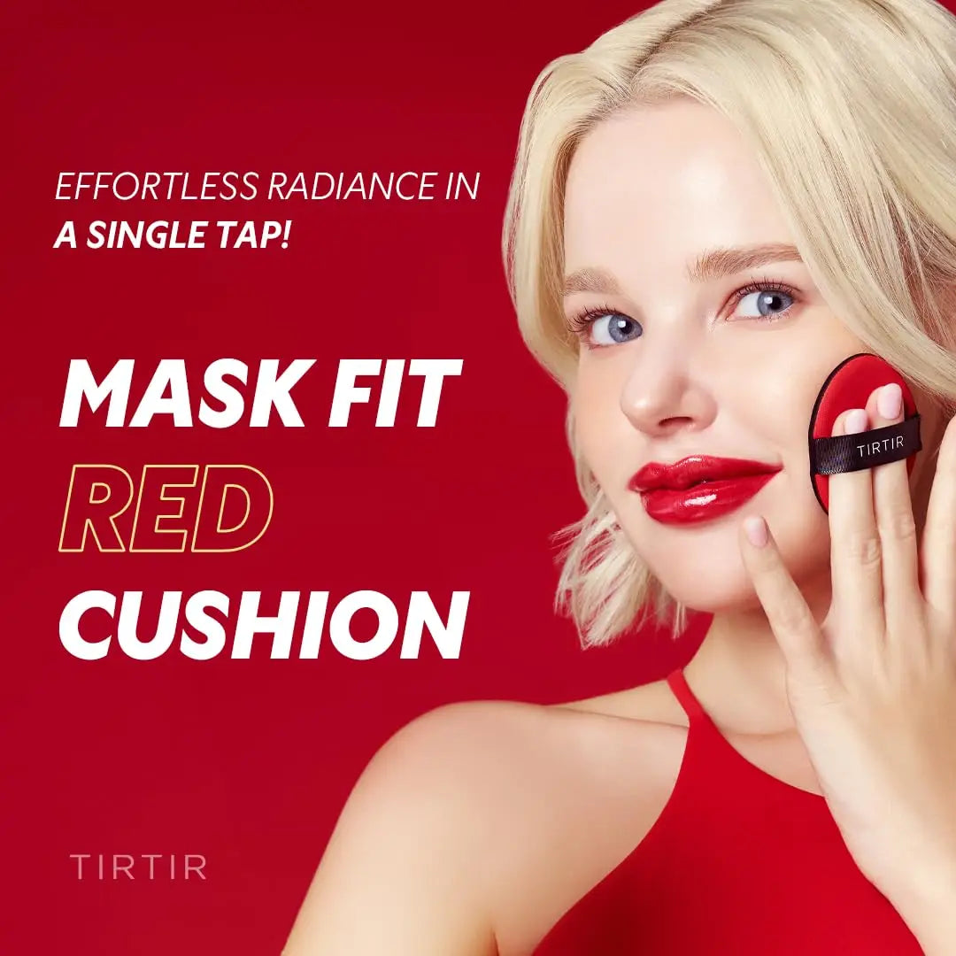 Close-up of a woman with blonde hair applying TIRTIR Mask Fit Red Cushion Foundation with a red cushion puff, highlighting effortless radiance in a single tap on a red background.