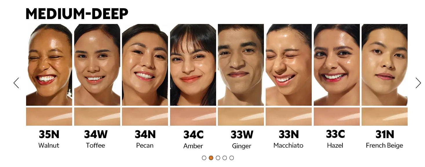 Diverse models showcase medium-deep shades with swatches labeled Walnut, Toffee, Pecan, Amber, Ginger, Macchiato, Hazel, and French Beige using TIRTIR Mask Fit Red Cushion Foundation.