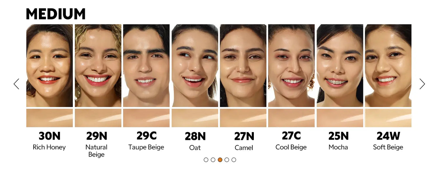 Row of diverse medium skin tones wearing TIRTIR Mask Fit Red Cushion Foundation in shades ranging from rich nude to soft beige with smooth, radiant finishes and natural coverage.