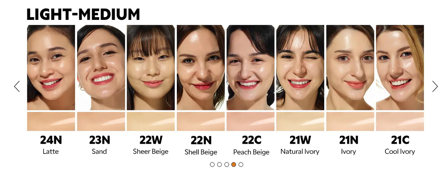 Diverse group of women with various light-medium skin tones ranging from latte to cool ivory, showcasing the shade range of TIRTIR Mask Fit Red Cushion Foundation with smooth, radiant finishes.